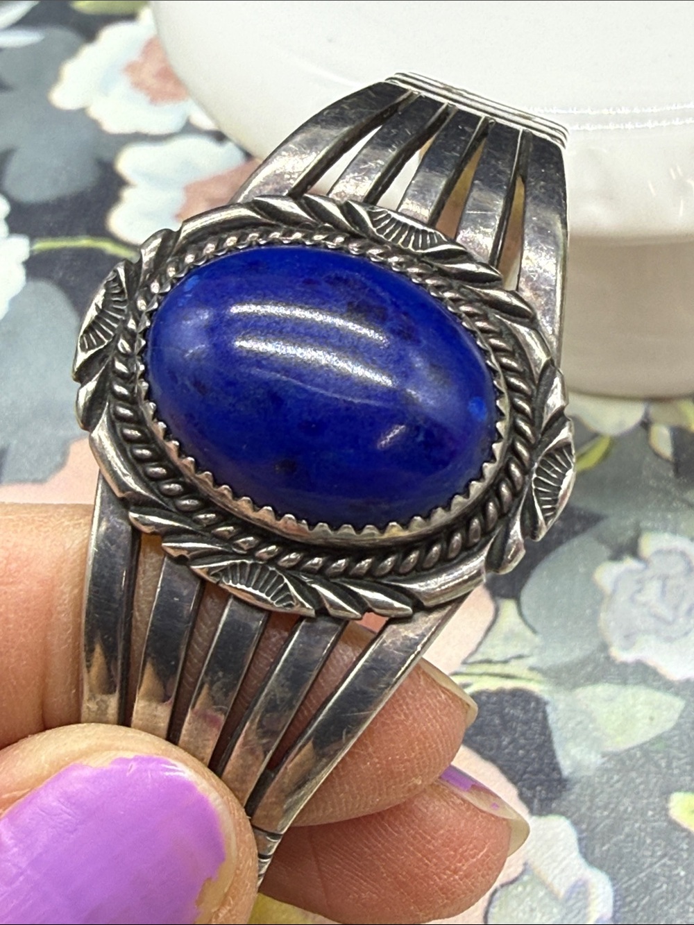 👑Native American Navajo sterling silver cuff bracelet lapis lazuli Jeannette dal - Picture 6 of 10
